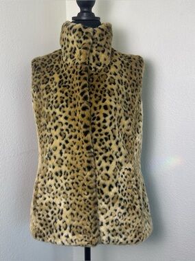 Kristen Blake Vest Leopard Faux Fur Tan/Black Collared Pockets Lined Hook Size S